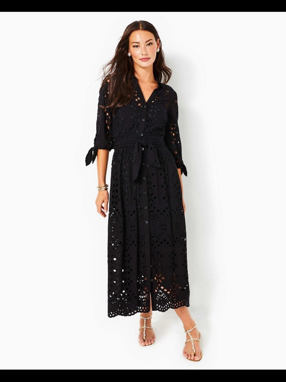 Lilly Pulitzer Black Eyelet Maxi Shirt Dress with Waist Tie